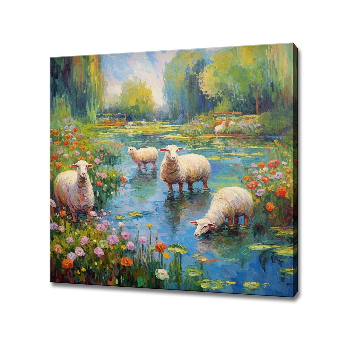 Sheep Wading In Flower Pond Impressionist Farm Animal Art Poster