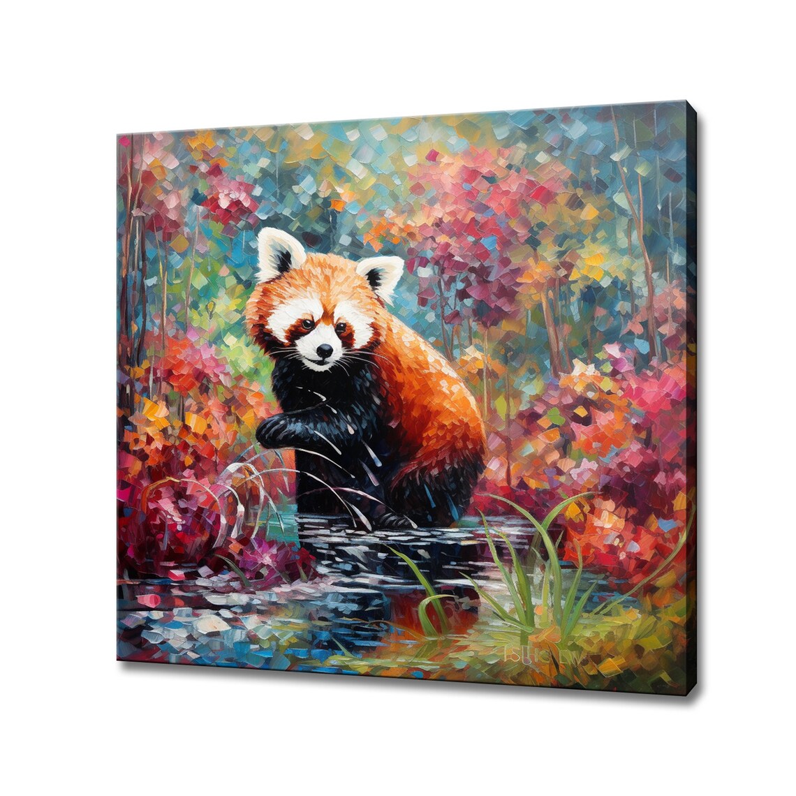 Red Panda At A Forest Stream In Autumn Colorful Wildlife Painting Poster
