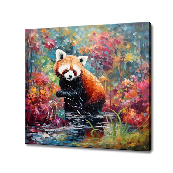 Red Panda At A Forest Stream In Autumn Colorful Wildlife Painting Poster