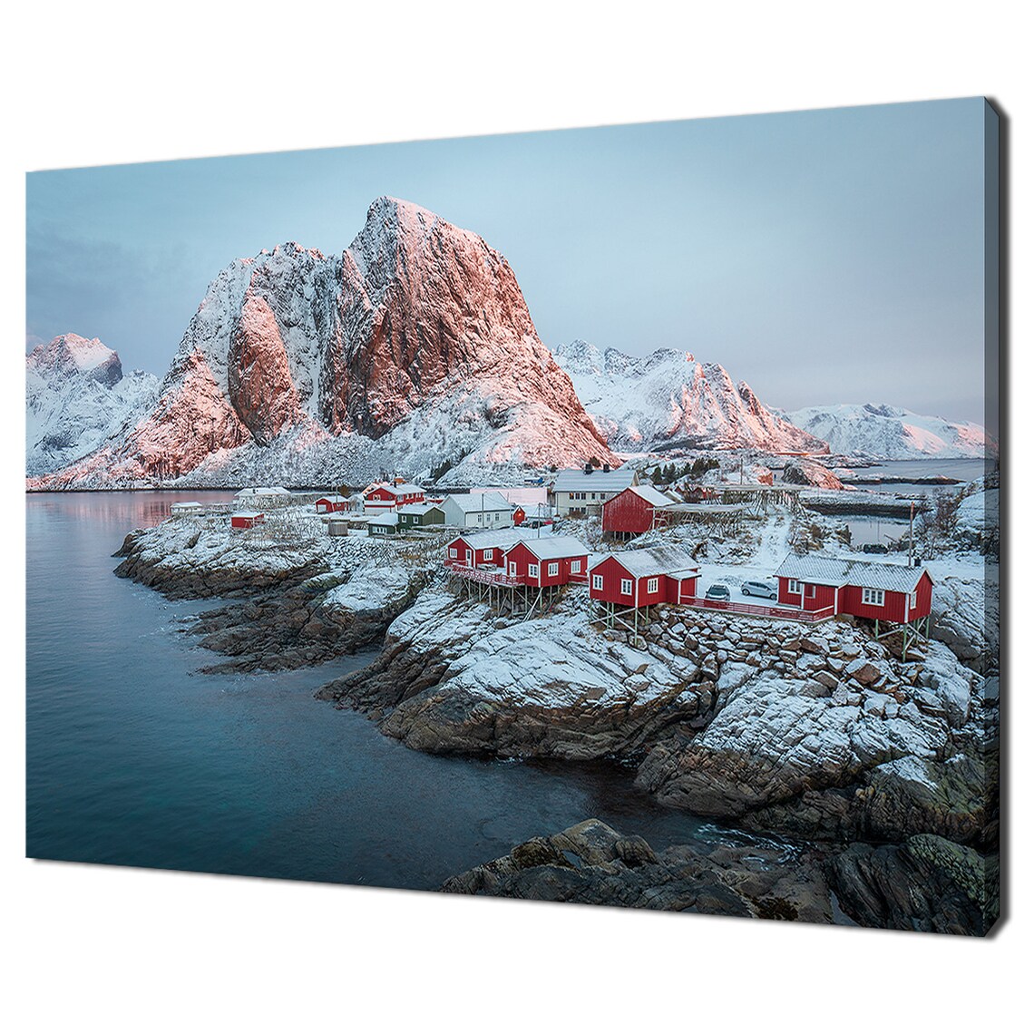 Norway Lofoten Islands Red Cabins Snowy Mountain Coast Travel Poster