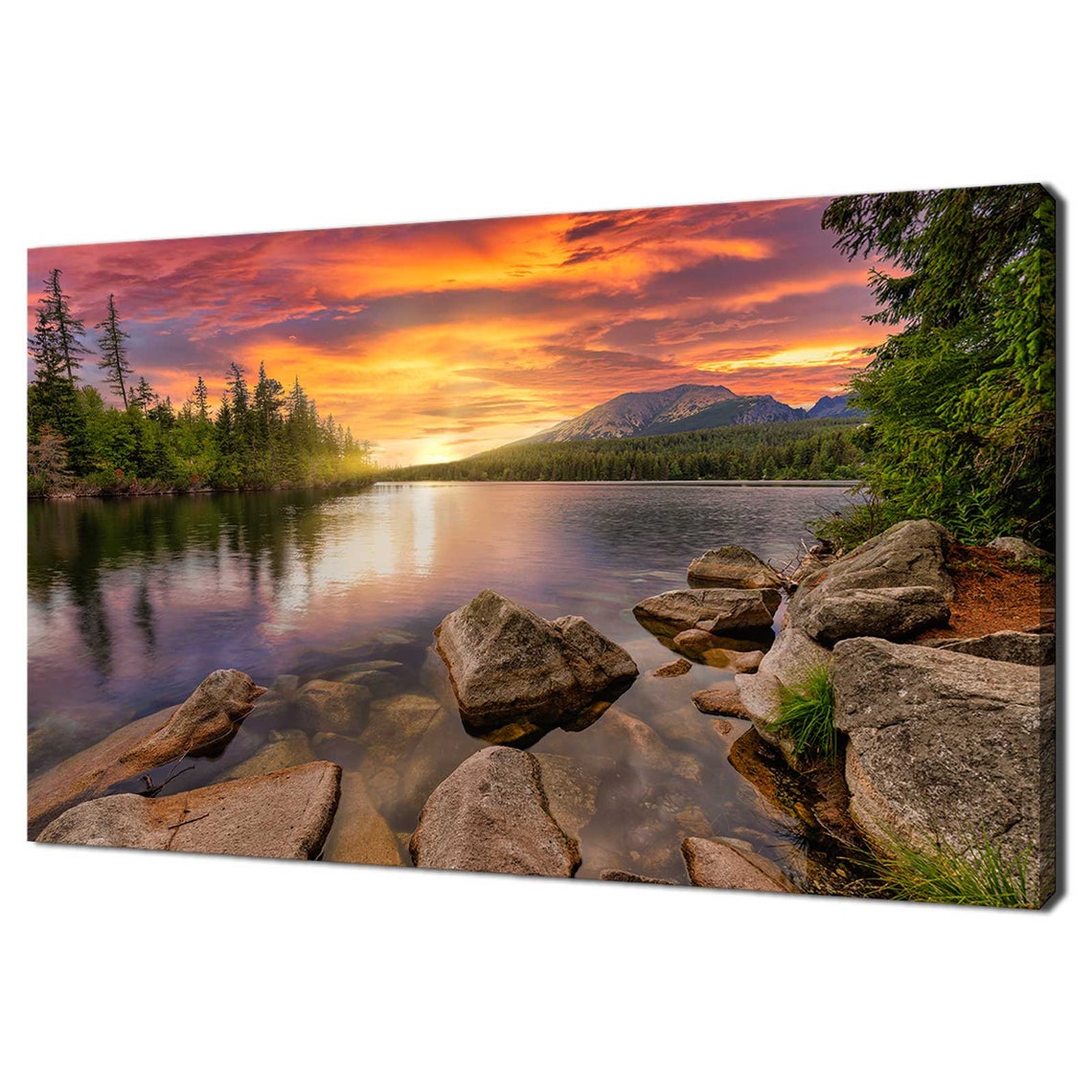Mountain Lake Sunset Calm Water Reflection Rocks Pine Forest Poster
