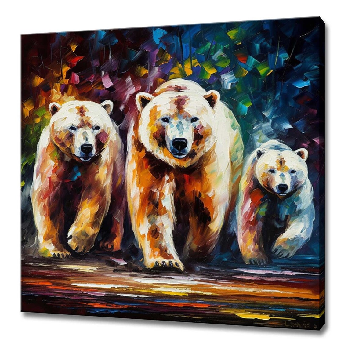 Colourful Polar Bear Family Oil Painting Three Bears Wildlife Wall Art