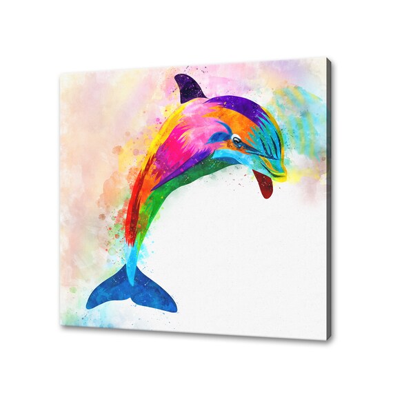 Rainbow Dolphin Watercolor Splash Colorful Jumping Marine Life Wall Art
