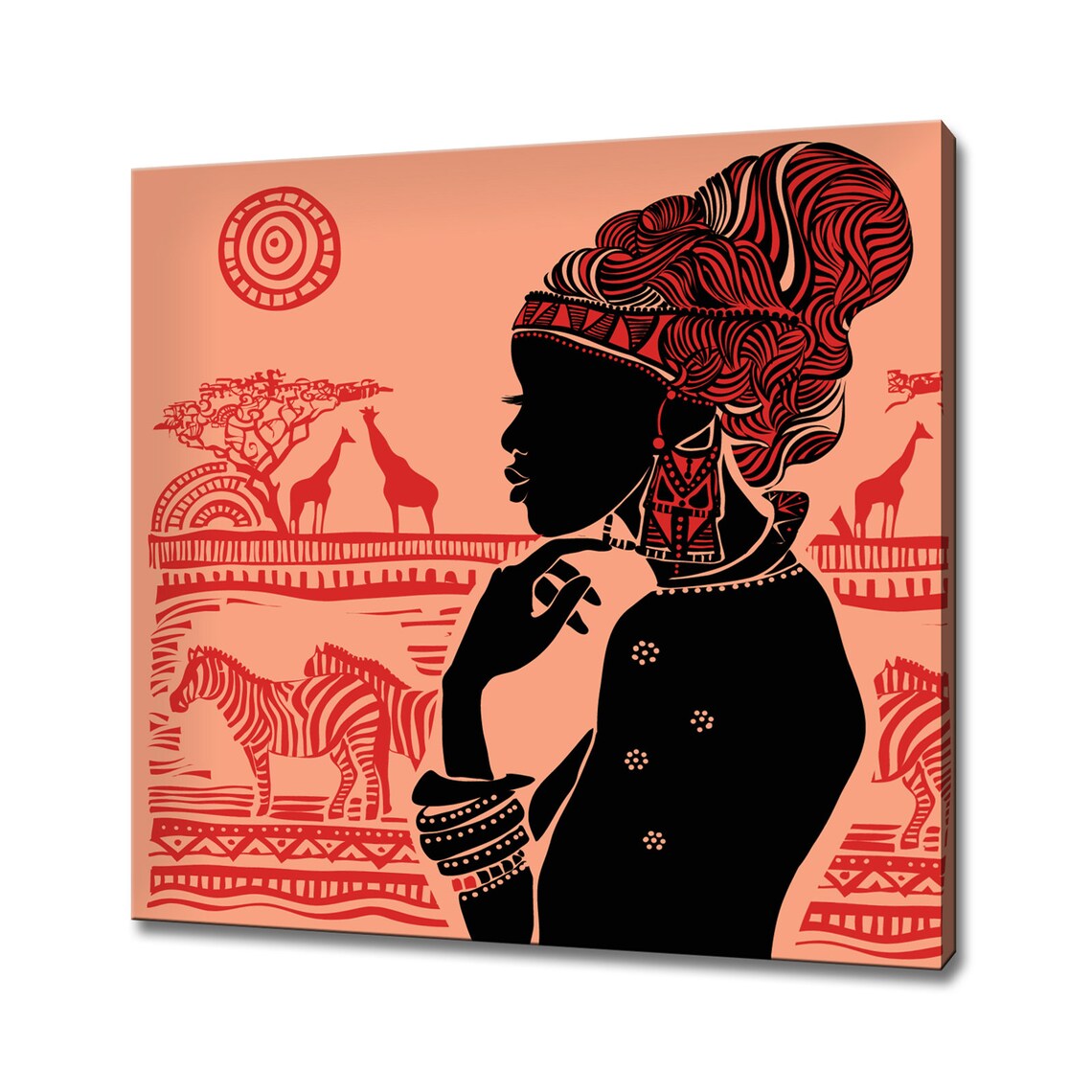 African Woman Silhouette Golden Savanna Giraffe Zebra Art Print - Image 4