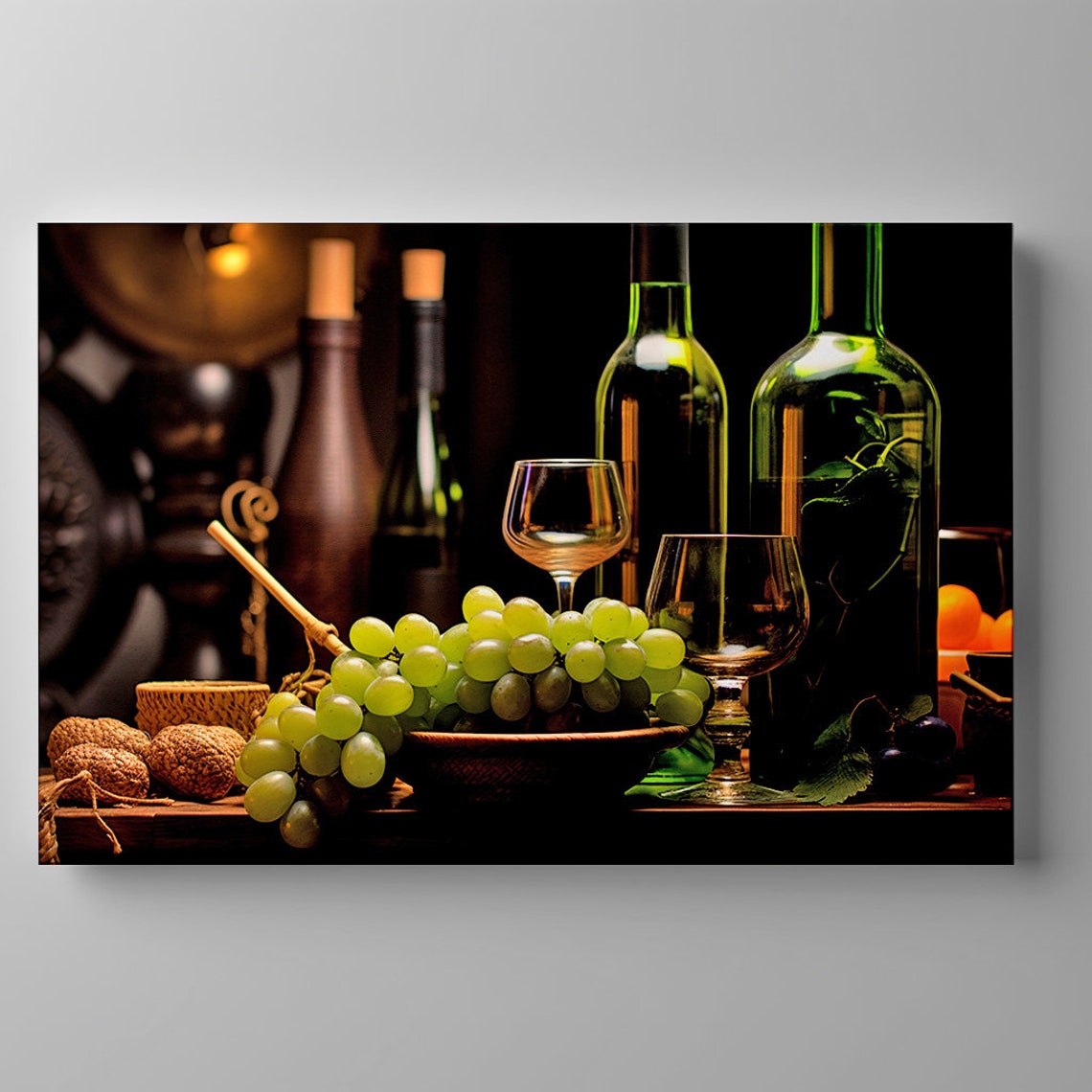 Wine Bottles Glasses And Green Grapes In Bowl Rustic Kitchen Wall Art - Image 3