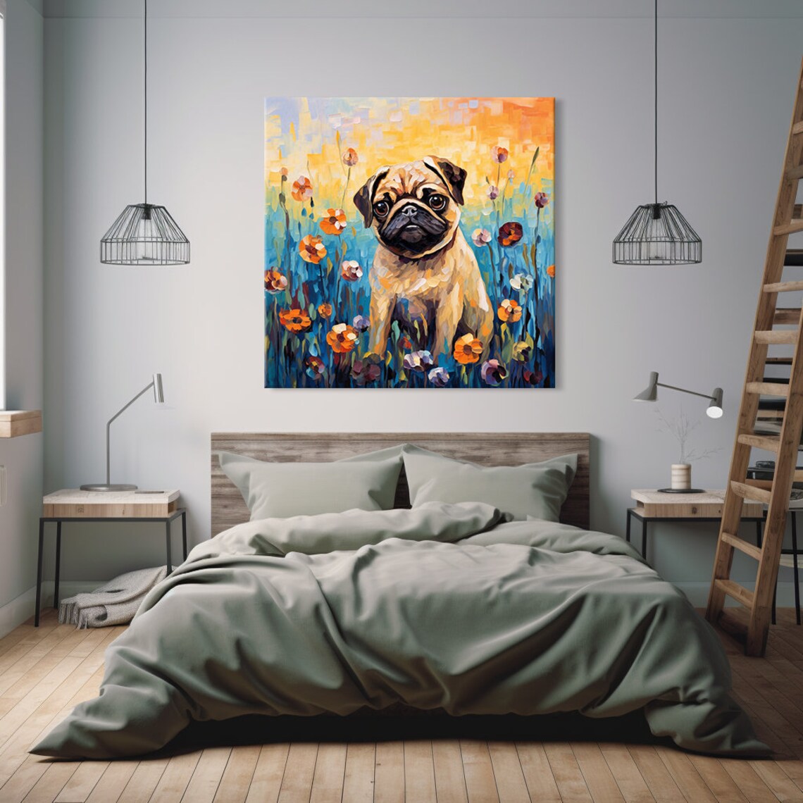 Pug Dog Among Wildflowers Colorful Mosaic Portrait Painting Poster - Image 3