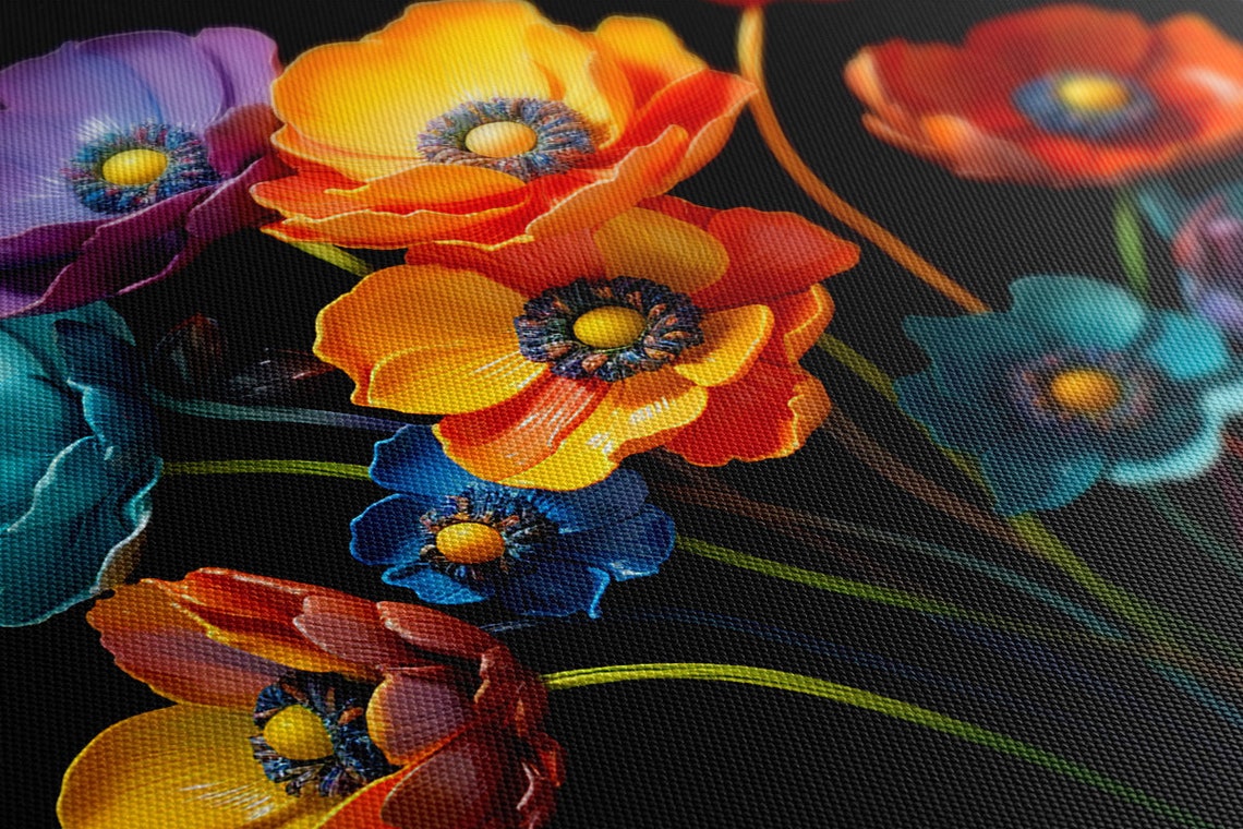 Vibrant Anemone Flowers Black Background Glass Art Style Floral Poster - Image 3