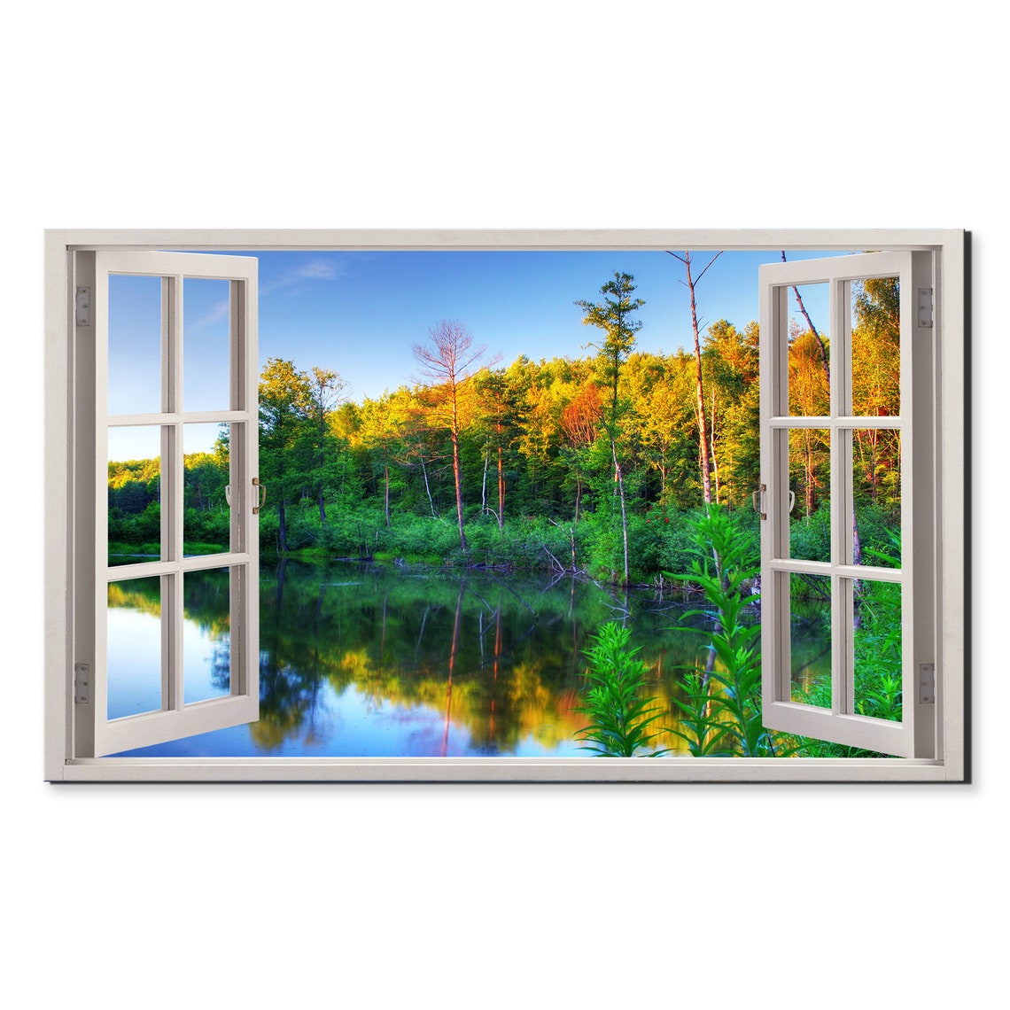 Sunset Over Beaver Pond Lake Window View Window Frame Style Modern Design Home Decor Print Wall Art Picture Ready To Hang