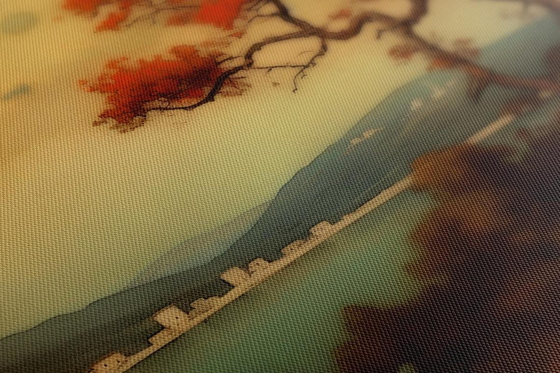 Red Autumn Tree By Lake Sunset Town Shore Vintage Landscape Poster - Image 2