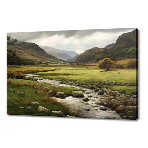 River In The Mountains Vintage Painting Style Print Farmhouse Decor Art Neutral Nature Picture Wall Hanging Fine Art Print