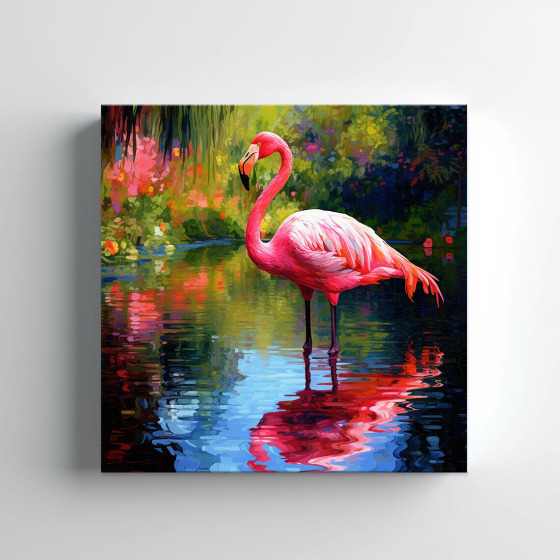 Pink Flamingo In A Tropical Pond With Lush Garden Painting Poster - Image 3