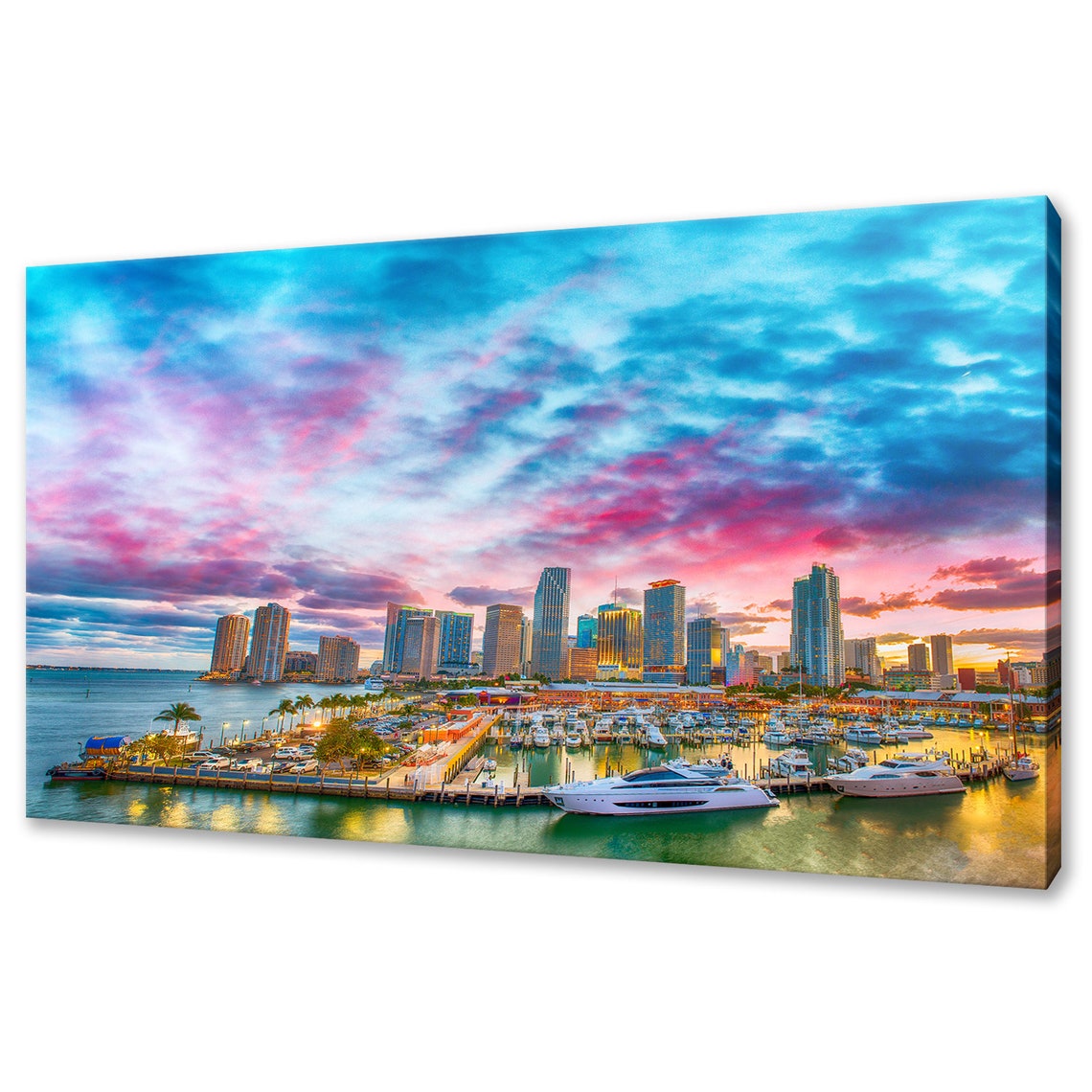 Miami Skyline At Sunset Over Marina Colorful Florida City Poster