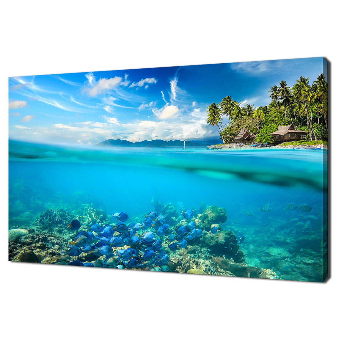 Blue Tropical Fish Under Ocean Water Coral Reef Modern Design Print Wall Art Picture