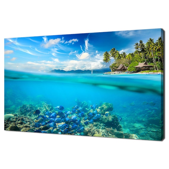 Blue Tropical Fish Under Ocean Water Coral Reef Modern Design Print Wall Art Picture