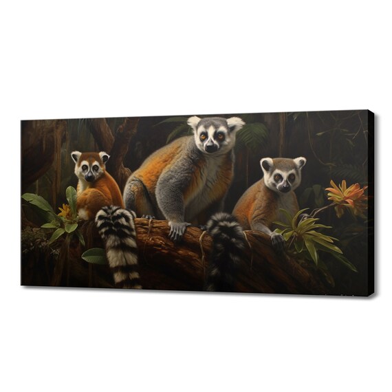 Ring Tailed Lemurs On Branch Dark Forest Painted Primate Wildlife Poster