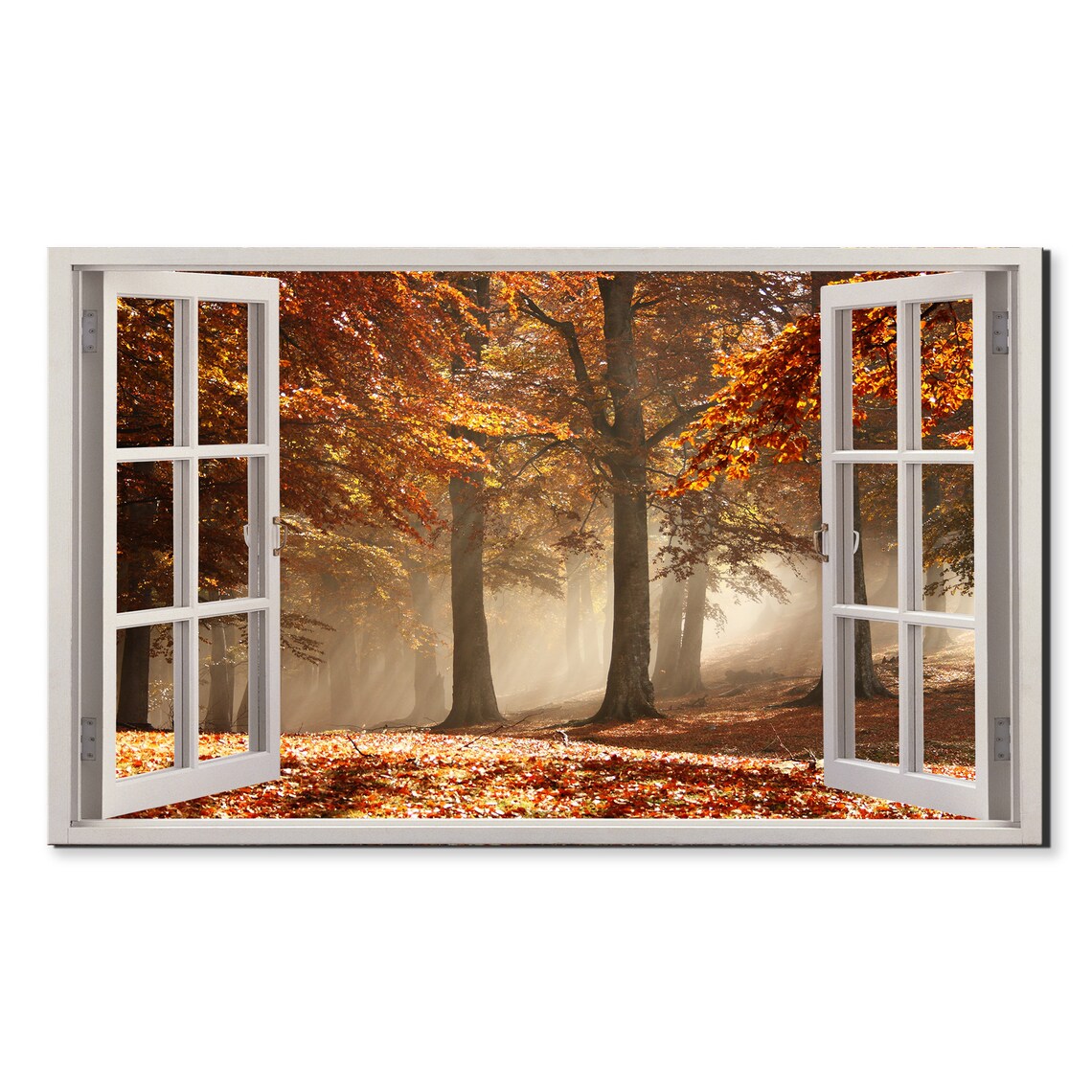 Open Window Autumn Forest View Golden Misty Trees Faux Window Poster