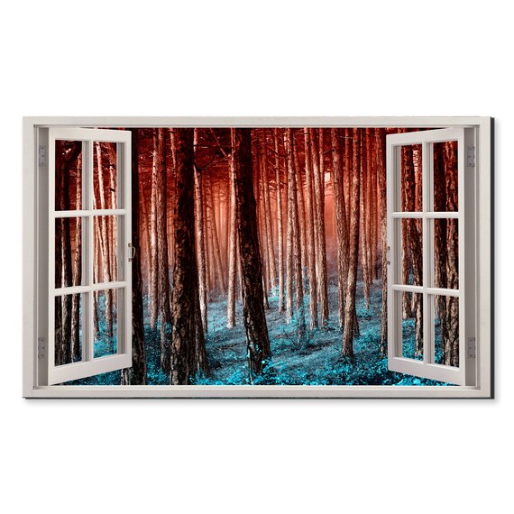 Blue Red Forest Trees Window View Window Frame Style Modern Design Home Decor Print Wall Art Picture Ready To Hang