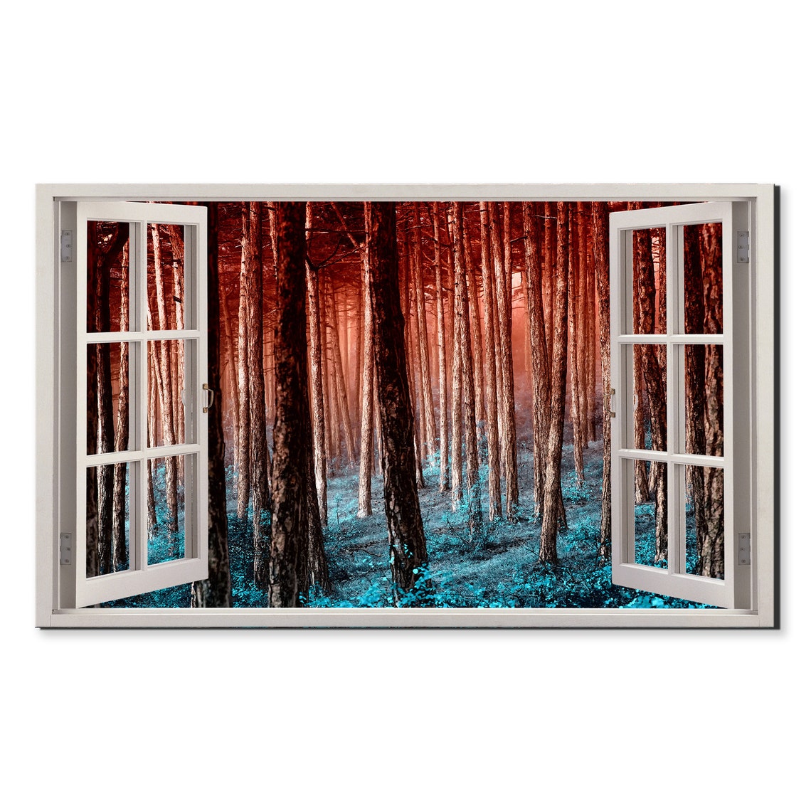 Red Blue Forest Trees Open Window View Surreal Colorful Poster