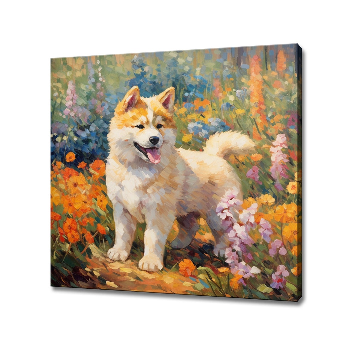 Colourful Akita Dog In Flowers Animal Print Gift For Akita Dog Lover Colourful Dog Portrait Painting Print Dog Pet Wall Art