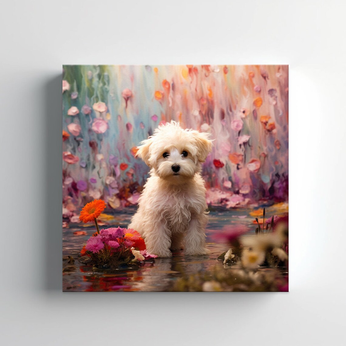 White Maltipoo Puppy By Blooming Water Pink Floral Painting Poster - Image 3
