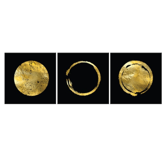 Gold Brush Stroke Moon Circles Triptych On Black Abstract Wall Art Poster