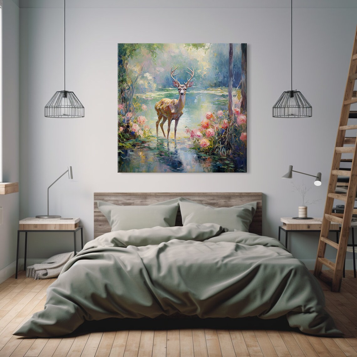 Graceful Deer With Antlers In Forest Pond Pink Roses Painting Print - Image 2
