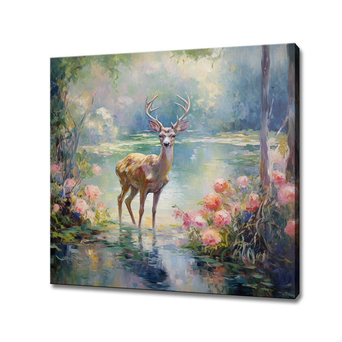 Graceful Deer With Antlers In Forest Pond Pink Roses Painting Print
