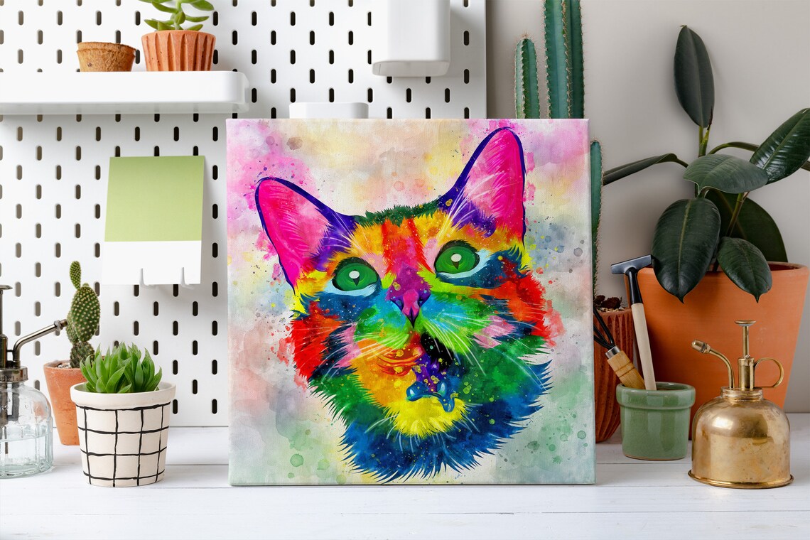 Cute Kitten Face Green Eyes Rainbow Watercolour Colourful Cat Art Poster - Image 2