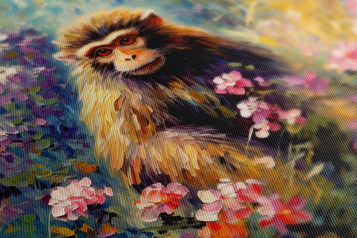 Cute Shaggy Monkey Sitting Among Pink Blossoms Oil Painting Poster - Image 2