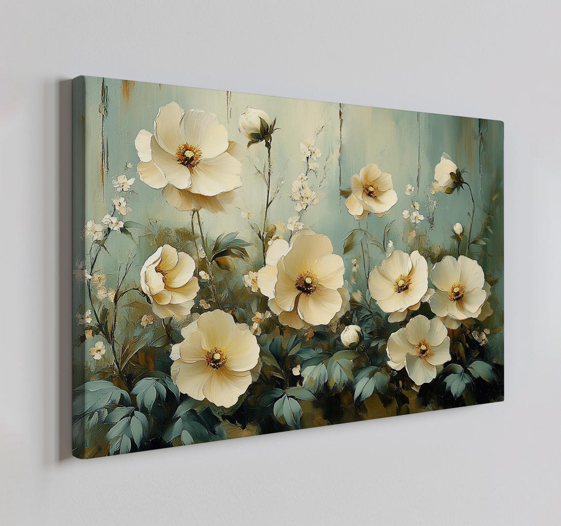 White Wildflowers Golden Centers Soft Teal Vintage Botanical Poster