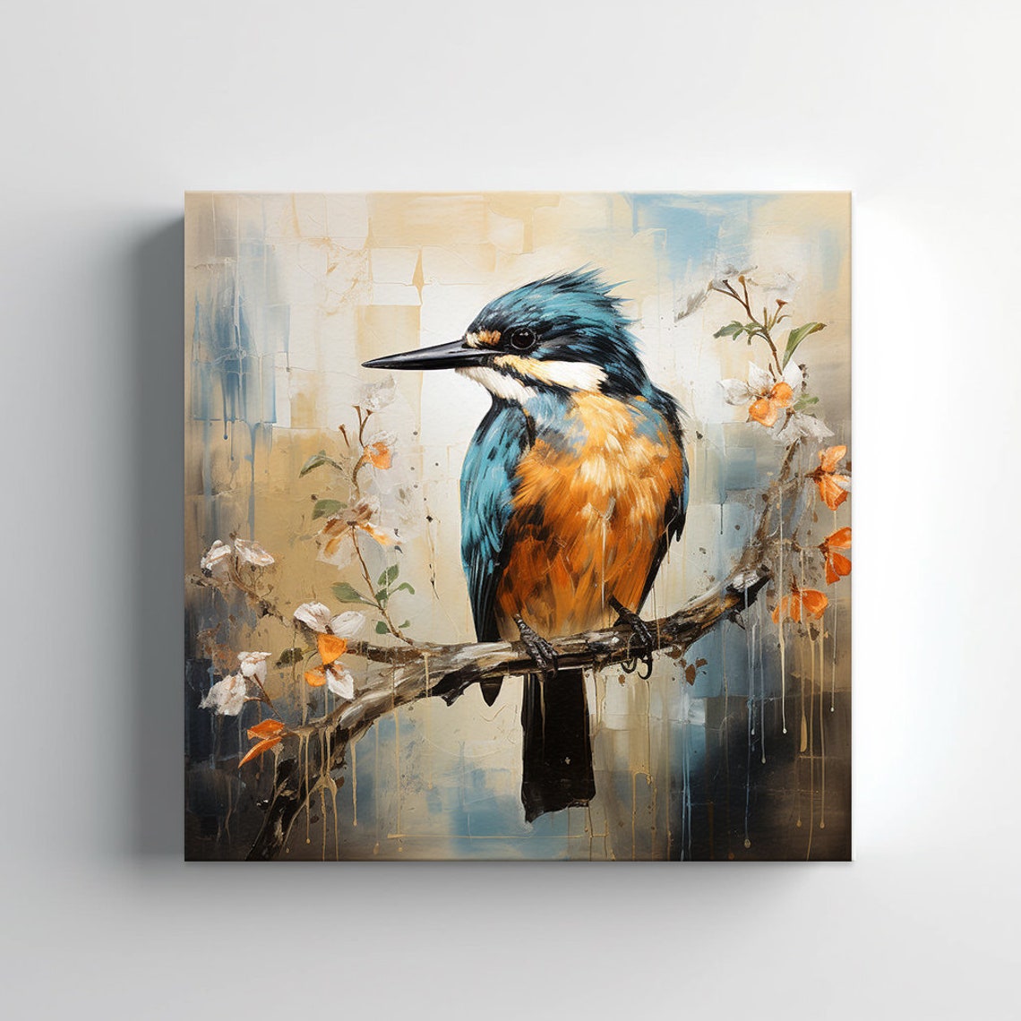 Kingfisher Blossom Branch Beige Abstract Background Bird Art Print - Image 3