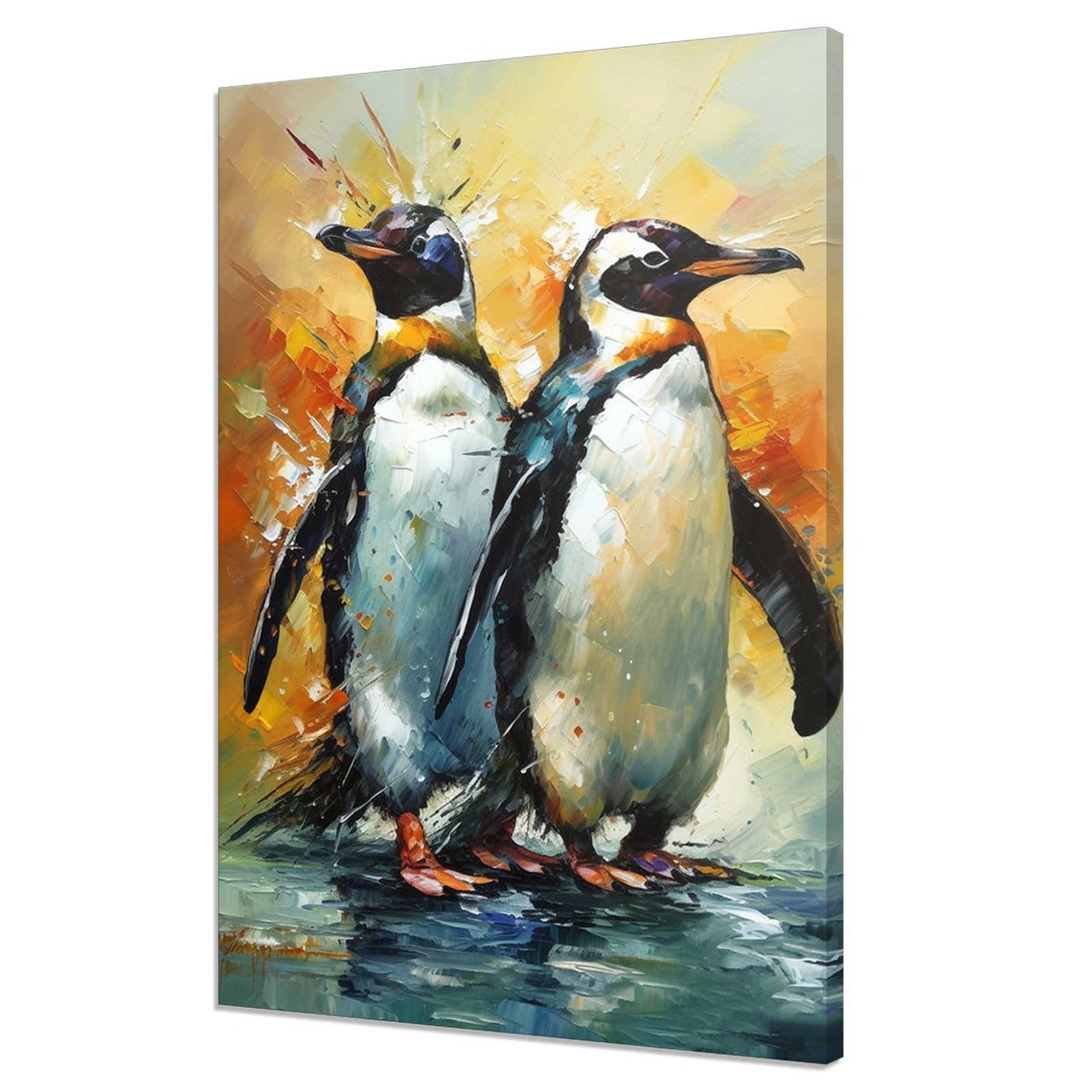 Two Penguins Standing Together Colorful Impasto Painting Animal Poster