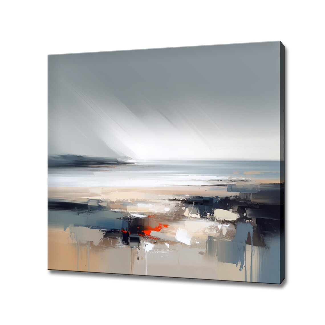 Abstract Stormy Sea Minimalist Grey Painting With Red Accent Wall Art