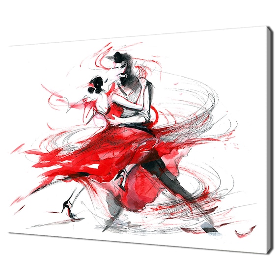 Passionate Tango Dancers Red Black Ink Sketch Modern Dance Art Print
