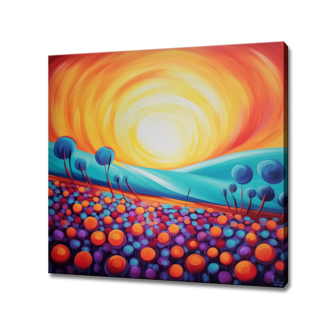 Whimsical Flower Field Giant Swirling Sun Colorful Fantasy Poster