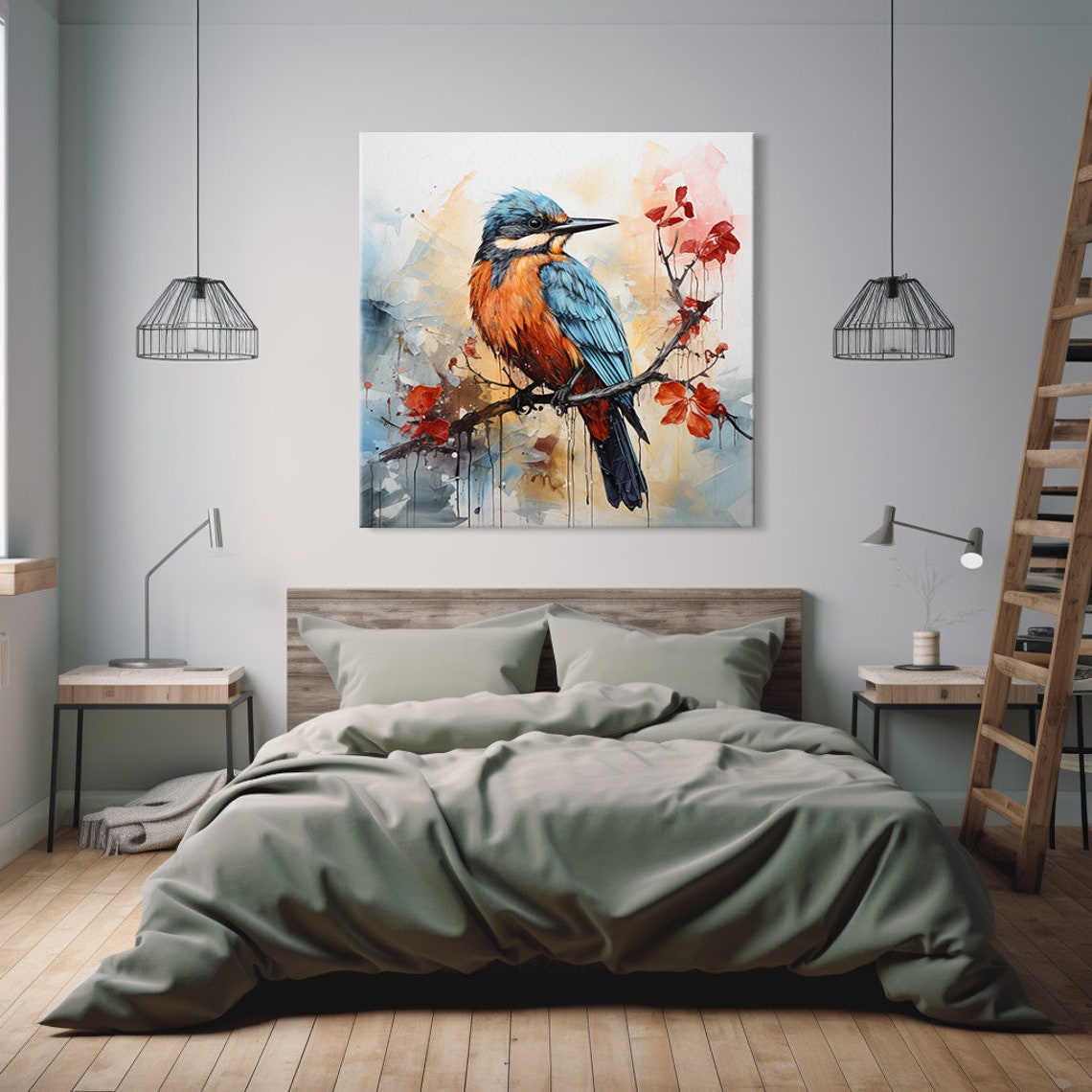 Kingfisher Branch Red Blossom Abstract Background Bird Art Print - Image 2
