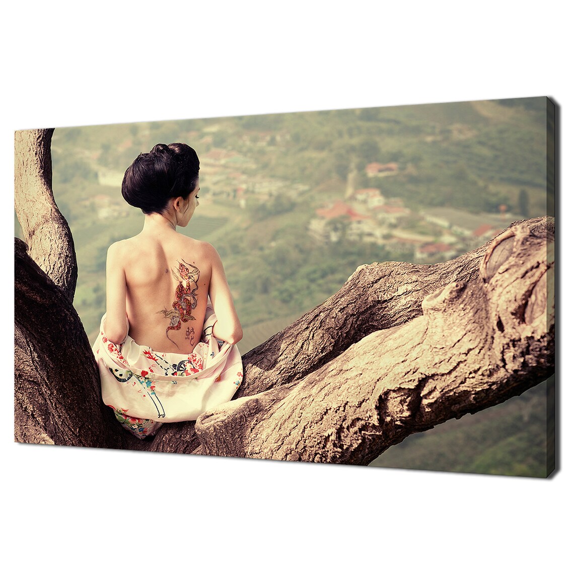 Kimono Woman Dragon Tattoo Tree Branch Asian Valley View Wall Art Poster