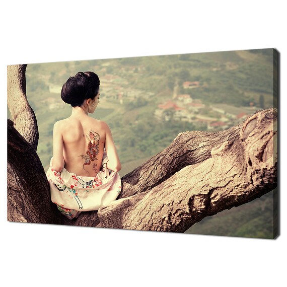Kimono Woman Dragon Tattoo Tree Branch Asian Valley View Wall Art Poster