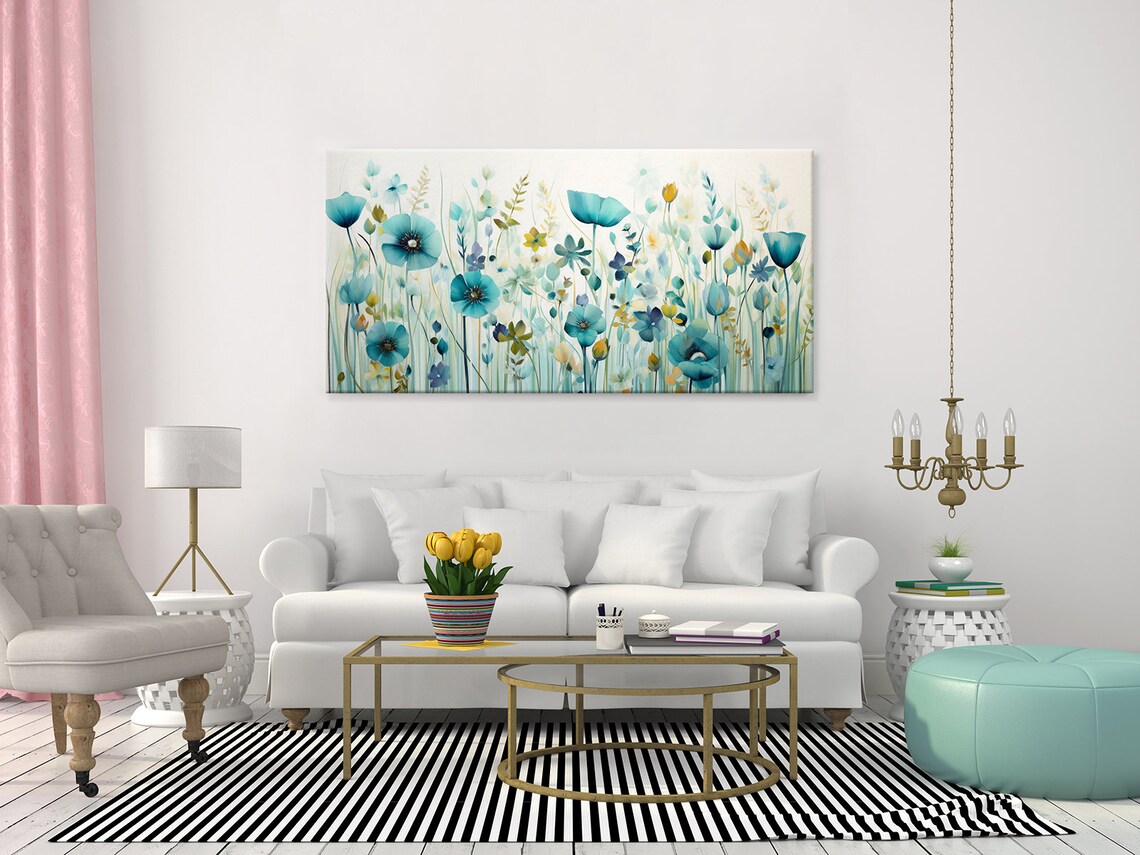 Pastel Teal Spring Wildflowers Meadow, Watercolour Art Print - Image 4