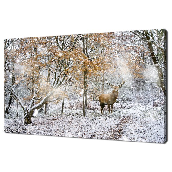 Red Deer Stag In Snowy Winter Forest Golden Foliage Wildlife Wall Art Poster