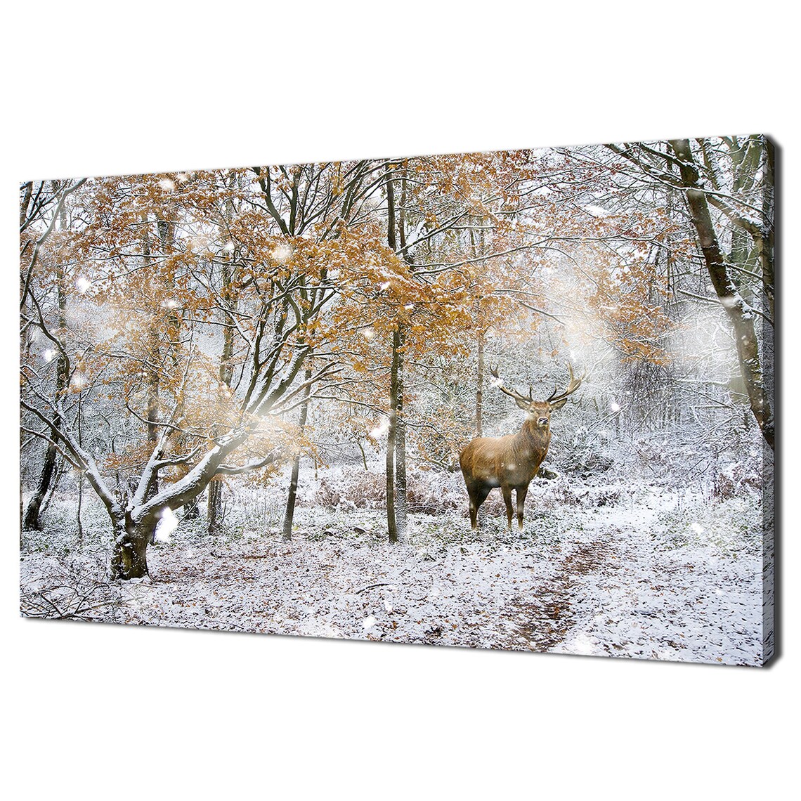 Red Deer Stag In Snowy Winter Forest Golden Foliage Wildlife Wall Art Poster