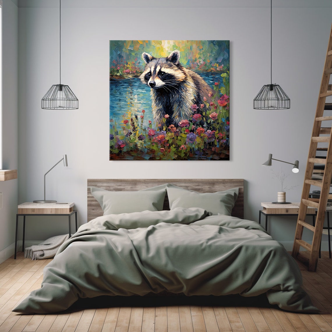 Cute Raccoon Animal Print Gift For Raccoon Lover Colourful Raccoon Portrait Painting Print Raccoon Pet Wall Art - Image 3