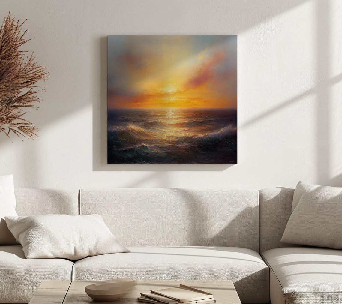 Golden Sunset Over Rolling Ocean Waves Impressionist Seascape Poster - Image 2