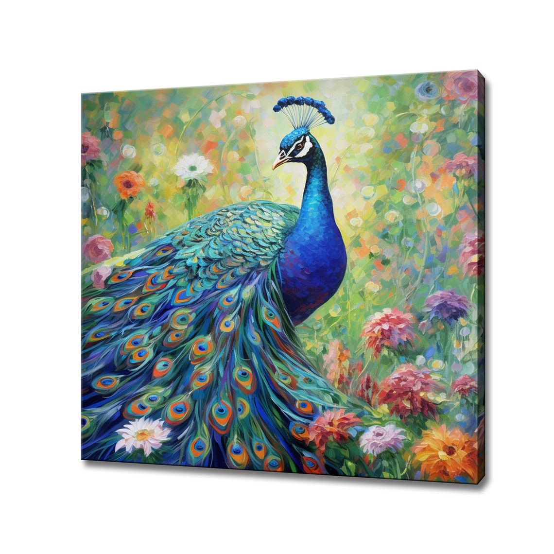 Peacock With Cobalt Blue Neck Eye Spotted Tail Flower Art Poster