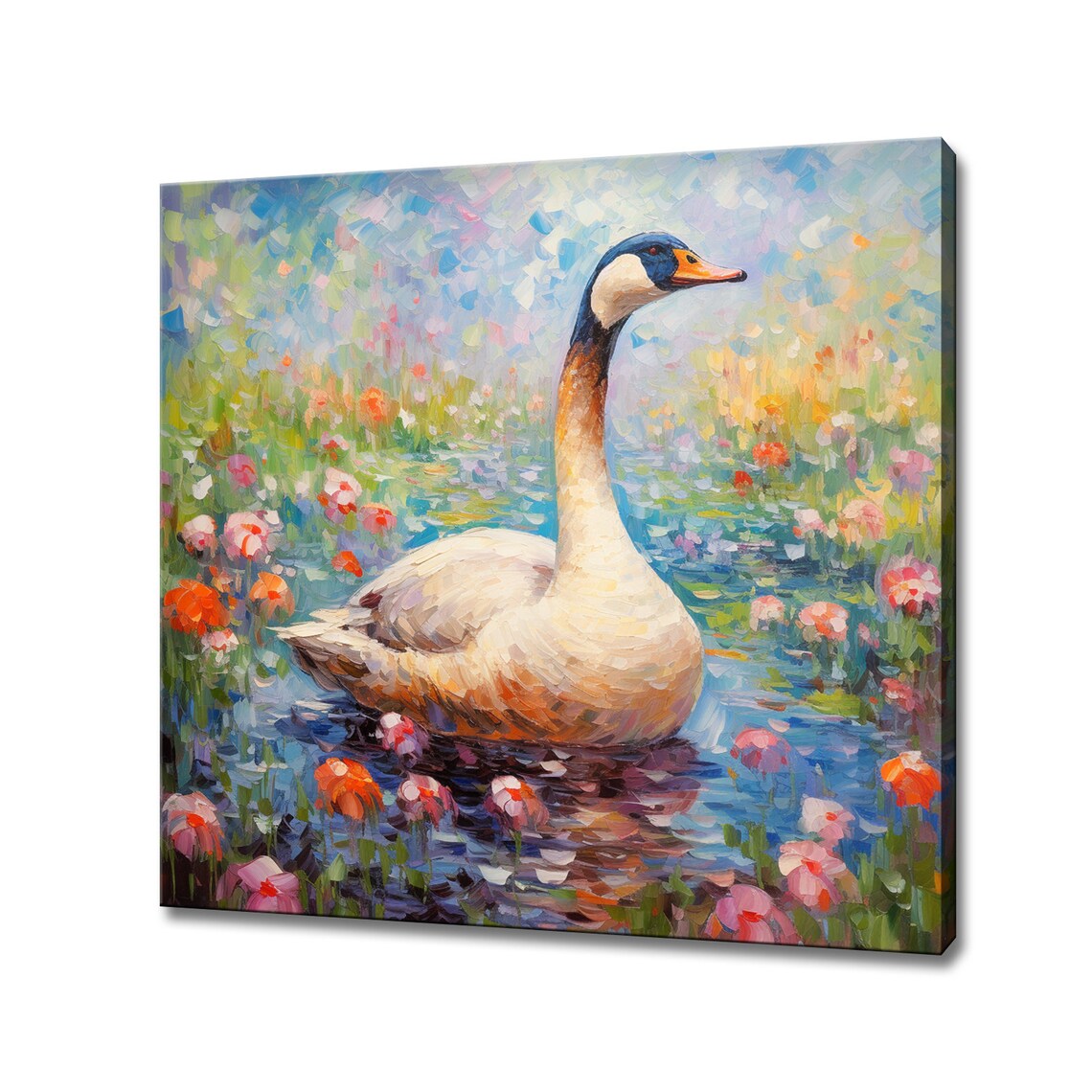 White Goose Pond Wildflowers Bright Colourful Bird Painting Wall Art