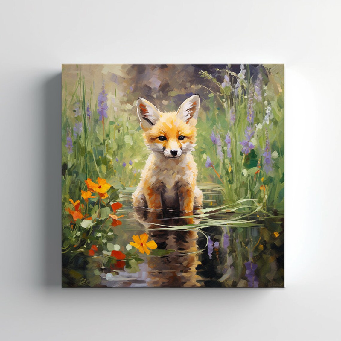 Baby Red Fox Cub In A Summer Wildflower Pond Painting Wall Art - Image 3