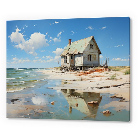Abandoned House By The Sea Vintage Landscape Moody Painting Style Print Farmhouse Decor Art Neutral Nature Picture Wall Hanging