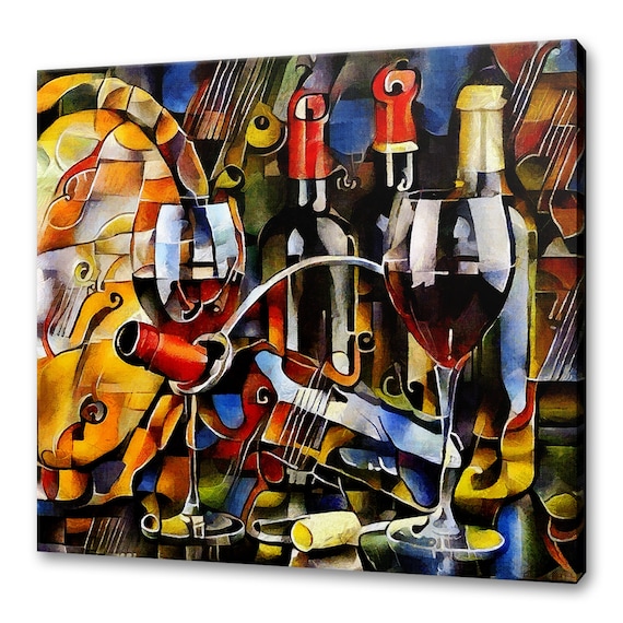 Cubist Wine Bottles Glasses Violin Colorful Abstract Still Life Poster