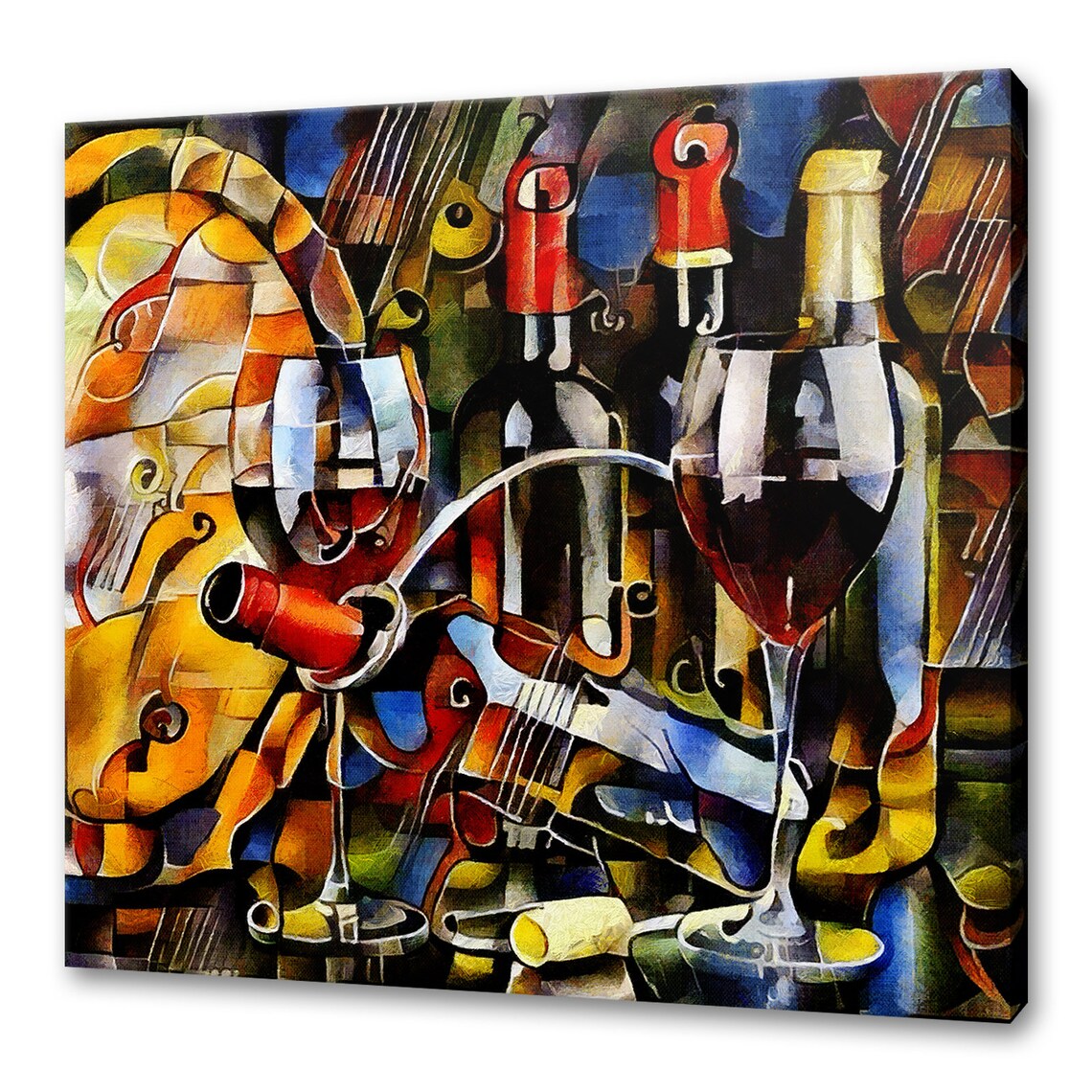Cubist Wine Bottles Glasses Violin Colorful Abstract Still Life Poster