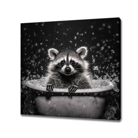 Cute Splashy Raccoon in the Bathtub Black White Funny Animal Poster